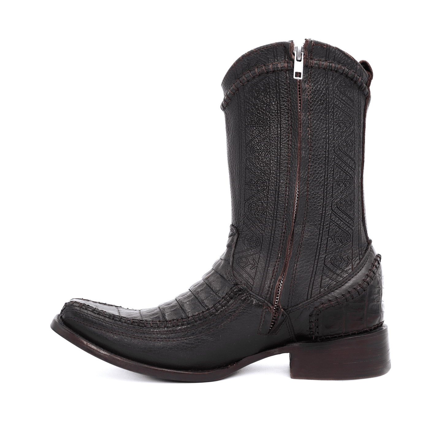 Cowboy boot in original crocodile leather, hand-woven artisan finish - herringbone model.